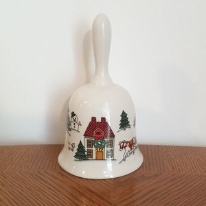 Vintage Christmas Decoration White Porcelien Bell House Horse Sleigh Snowmen